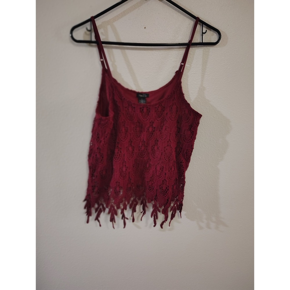 rue21 Womens Small Burgundy Red Lace Fringe Cami Tank Top Boho Adjustable Straps
